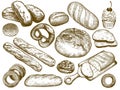 Hand drawn fresh bread. Sesame bun, pretzel and french loaf. Sketch bakery breads vector illustration set Royalty Free Stock Photo