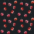 Hand drawn fresh red funky hipster summer cherry fruit on black dark background seamless pattern illustration background