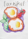 Hand Drawn fried egg with tomate and basilic. Sketch style icon. Royalty Free Stock Photo