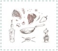 Hand drawn fried steak. Vector doodle icons