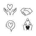 Hand drawn Friendship and love line icons. Interaction, Mutual understanding and assistance business. Trust handshake, social