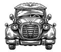 Hand drawn front view of a retro car in black and white style. Vintage transport, sketch vector illustration Royalty Free Stock Photo