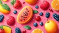 Hand-Drawn Fruit And Berry Flat Vector Illustrations On Pink Background Royalty Free Stock Photo