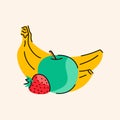 Hand drawn fruit set: banana, apple, strawberry color element.