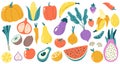 Hand drawn fruits and vegetables. Colorful health isolated vegetable, fruit mango apricot and watermelon. Doodle organic