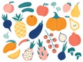 Hand drawn fruits and vegetables. Doodle organic food, vegan vegetable kitchen and doodles vector illustration set Royalty Free Stock Photo