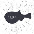 Hand drawn fugu pufferfish icon fish in black and white color with textured background. Design element for emblem, menu