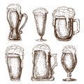 Hand drawn full beer glasses with dropping froth. beer mugs illustration in vintage style isolated on white background