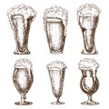 Hand drawn full beer glasses with dropping froth. beer mugs illustration in vintage style isolated on white background