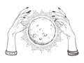 Hand drawn full moon with rays of light in hands of fortune teller line art and dot work. Boho chic tattoo, poster or altar veil