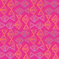 Hand drawn funky neon blue, yellow, pink triangles with dot texture. Vector tribal seamless pattern on neon magenta Royalty Free Stock Photo