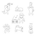 Hand-drawn funny cats on a white background. Cat and net,  sleeping,  playing ball, cat rapper, meowing, stretching, happy cat. Royalty Free Stock Photo