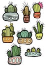 Hand drawn funny colorful flat small and large cactuses in pots isolated on the white background