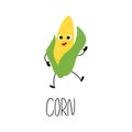 Hand drawn funny corn character. Card with vegetable name. Vector