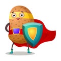 Potato in traditional costume of superhero with shield vector illustration