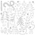 Hand Drawn Funny Doodle Christmas Sketch Set. Children Drawings of Fir Trees, Gift, Candle, Toys, Angel Stars and Snowflakes