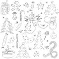 Hand Drawn Funny Doodle Christmas Sketch Set. Children Drawings of Fir Trees, Gifts, Candle, Sweets, Angel, Stars and Snowflakes.