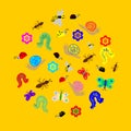 Hand Drawn Funny Doodle Insects arranged in a shape of circle. Colorful and Cute caterpillars, worms, butterflies, bees, ants.