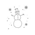 Hand drawn funny kind snowman, snow and snowflakes around. Vector illustration for design of holiday cards.