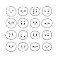 Hand drawn funny smiley faces. Sketched facial expressions set. Collection of cartoon emotional characters. Emoji icons. Kawaii Royalty Free Stock Photo