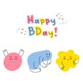 Hand-drawn funny tiny doodles-monsters with thin handles. Birthday greeting card. Funny smiling emoticons on their faces. Royalty Free Stock Photo