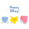 Hand-drawn funny tiny doodles-monsters with thin handles. Birthday greeting card. Funny smiling emoticons on their faces.
