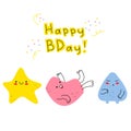 Hand-drawn funny tiny doodles-monsters with thin handles. Birthday greeting card. Funny smiling emoticons on their faces. Royalty Free Stock Photo