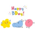 Hand-drawn funny tiny doodles-monsters with thin handles. Birthday greeting card. Funny smiling emoticons on their faces.