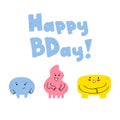 Hand-drawn funny tiny doodles-monsters with thin handles. Birthday greeting card. Funny smiling emoticons on their faces Royalty Free Stock Photo