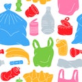 Hand drawn garbage pattern. Unsorted trash background. Background of colored garbage. Plastic, glass, metal, paper