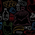 Hand drawn garbage pattern. Unsorted trash background. Background of garbage. Set of different types garbage.