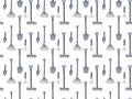 Hand-drawn garden tools seamless pattern. Rakes, shovels, pitchforks and trowels on a white background.