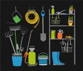 Hand drawn gardening tools and potted plants storing on shelving, standing and hanging beside it on black background