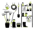 Hand drawn gardening tools storing on shelving, standing and hanging beside it on white background. Organized storage of