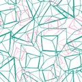 Hand drawn geometric prismatic effect design in pink and green on white. Vector seamless pattern