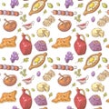 Hand Drawn Georgian Food Seamless Pattern. Georgia Traditional Cuisine Background with Dumpling and Khinkali