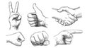 Hand drawn gestures. Pointer finger, strong fist and punch. Handshake, thumb up like and triumph victory gesture sketch Royalty Free Stock Photo