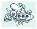 Giant octopus plays with a submarine. Vector illustration