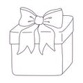 Hand drawn gift box with bow. Birthday present. Outline doodle vector black and white illustration isolated on a white