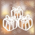 Hand drawn gift boxes on blurred background with snowflakes