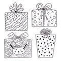 Hand drawn gift boxes collection. Christmas or birthday gifts illustrations