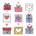 Hand drawn gift boxes hearts vector set. Collection various presents wrapped ribbon love symbols Royalty Free Stock Photo