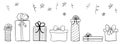 Hand drawn gift boxes long banner. Vector seamless pattern with doodle gifts and confetti. For Christmas or Birthday