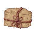 Hand drawn gift illustration. brown craft paper wrapped package tied with cord or twine. Vintage gift box icon. present Royalty Free Stock Photo