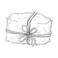 Hand drawn gift illustration. paper wrapped package tied with cord or twine. Vintage engraved gift box icon. present or Royalty Free Stock Photo