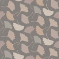 Hand drawn gingko leaves seamless pattern. Japanese fall style tossed leaf symbol background. Soft grey neutral tones Royalty Free Stock Photo