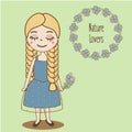 Hand drawn girl with braids. Beautiful kid in blue summer dress. Cute female character. Vector illustration Royalty Free Stock Photo