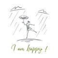 Hand drawn girl dancing under rain with lettering