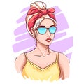 Hand drawn girl with headband. Young woman in blue sunglasses with blond hair, stylish girl and fashion woman look sketch vector Royalty Free Stock Photo