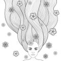 Hand drawn girl like forest fairy with long hair and flowers. Co Royalty Free Stock Photo